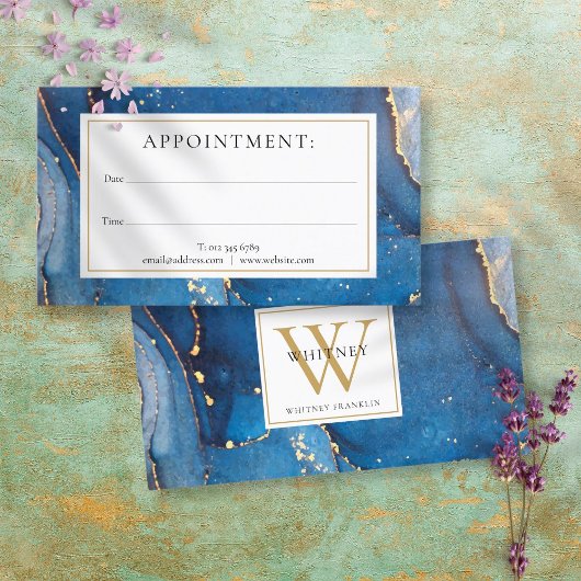 Agate Marble Blue Gold Monogram Appointcard Visitekaartje