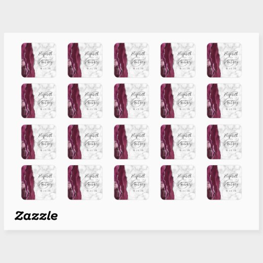 Agate Marble Bourgogne Zilveren Script Trouwen Vierkante Sticker (Vel)