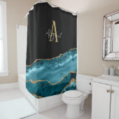 Agate Marble Gold Blauwgroen Glitter Monogram Douchegordijn (In situ)