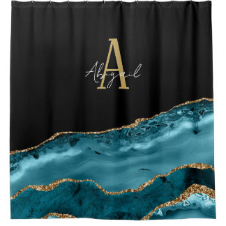 Agate Marble Gold Blauwgroen Glitter Monogram Douchegordijn