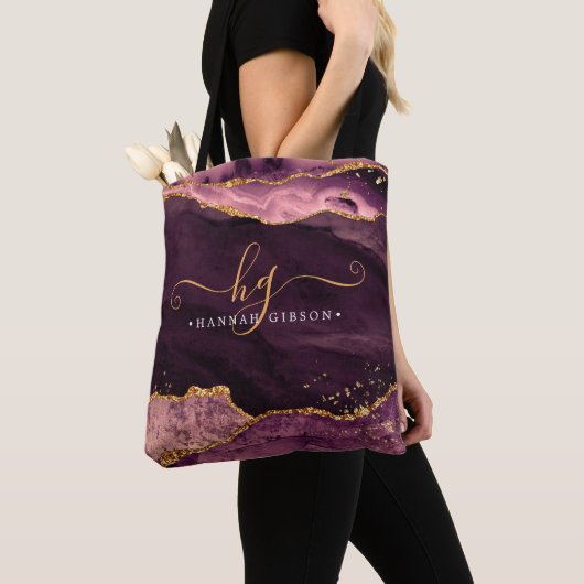 Agate Marble Monogram Bourgogne Gold Glitter Tote Bag (Dichtbij)
