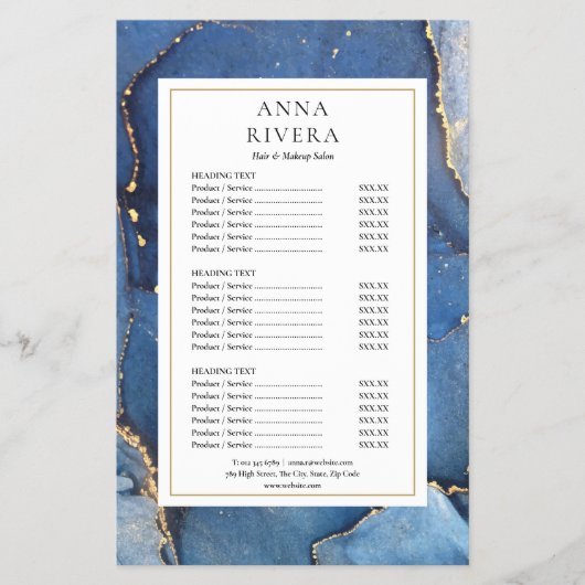 Agate Marble Navy Gold Glitter Salon Service Menu (Voorkant)