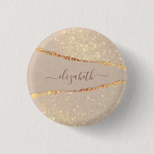 Agate marble stone glitter roos gold name script ronde button 3,2 cm (Voorkant)