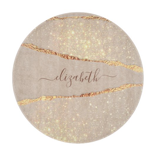 Agate marble stone glitter roos gold name script snijplank (Voorkant)