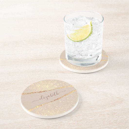 Agate marble stone glitter roos gold name script zandsteen onderzetter (Zijkant)