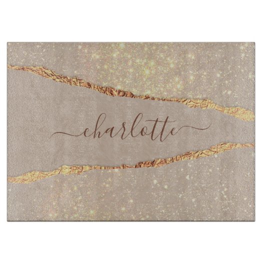 Agate marmer glitter beige goudmonogram snijplank (Voorkant)