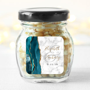 Agate Marmer Turkoois Blauw Goud Script Trouwen Vierkante Sticker