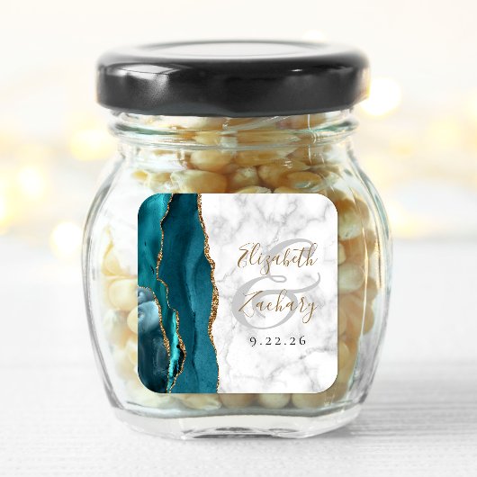 Agate Marmer Turkoois Blauw Goud Script Trouwen Vierkante Sticker
