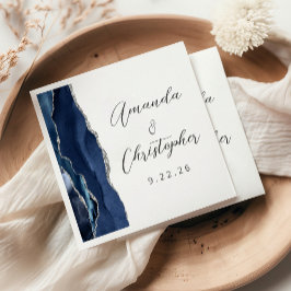Agate Navy Blau Zilver Schrift Bruiloft Servet