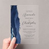 Agate Navy Blau Zilver Script Trouwkaart Acryl Uitnodigingen (Insitu (Draagbaar))