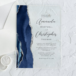 Agate Navy Blau Zilver Script Trouwkaart Acryl Uitnodigingen