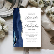 Agate Navy Blau Zilver Script Trouwkaart