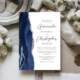Agate Navy Blau Zilver Script Trouwkaart Kaart