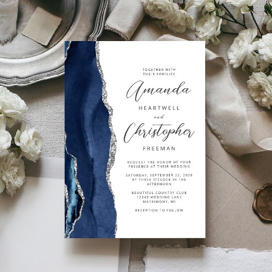 Agate Navy Blau Zilver Script Trouwkaart Kaart