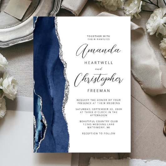 Agate Navy Blau Zilver Script Trouwkaart Kaart