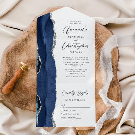 Agate Navy Blau Zilveren Bruiloft All In One Uitnodiging