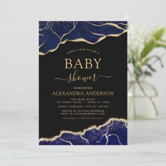Agate Navy Blauw Goud Baby shower Uitnodiging (Staand voorkant)