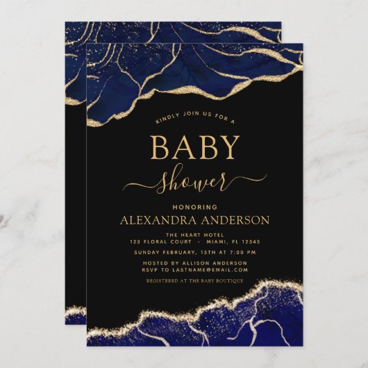 Agate Navy Blauw Goud Baby shower Uitnodiging (Voorkant / Achterkant)