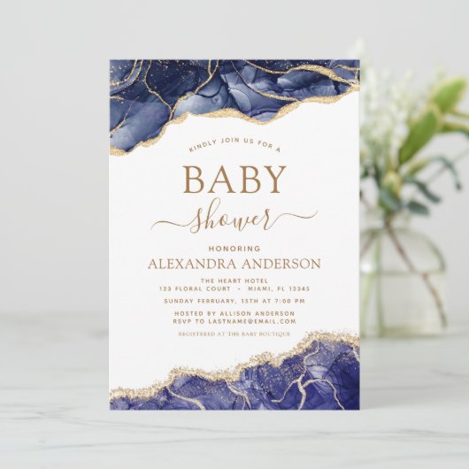 Agate Navy Blauw Goud Baby shower Uitnodiging (Staand voorkant)