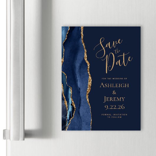 Agate Navy Blauw Goud Bruiloft Save the Date