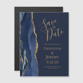 Agate Navy Blauw Goud Bruiloft Save the Date (Voorkant / Achterkant)