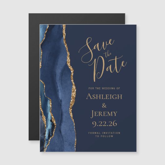 Agate Navy Blauw Goud Bruiloft Save the Date (Voorkant / Achterkant)