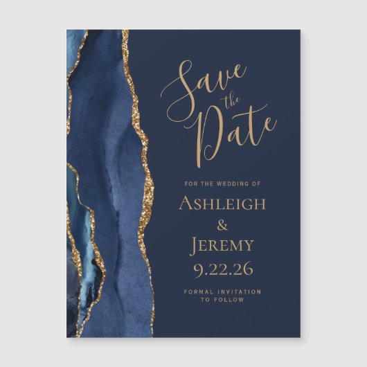 Agate Navy Blauw Goud Bruiloft Save the Date (Voorkant)