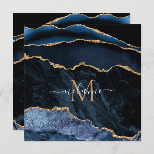 Agate Navy Blauw Goud Custom Letter Naam Kaarten (Voorkant / Achterkant)