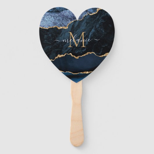 Agate Navy Blauw Goud Custom Naam letter Hand Fan Handwaaier (Achterkant)