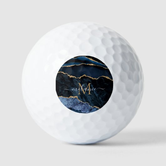 Agate Navy Blauw Goud Jouw naam Letter Golfballen (Voorkant)