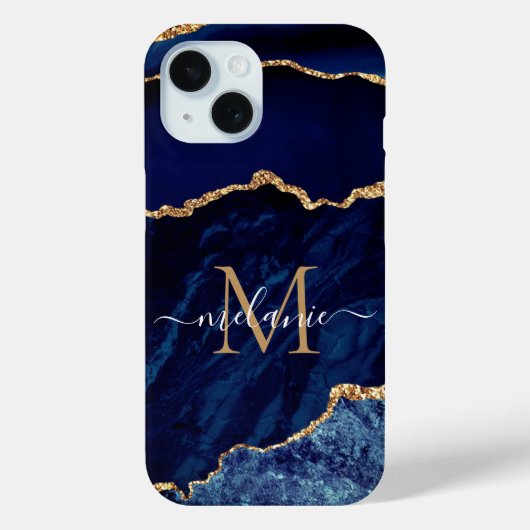 Agate Navy Blauw Goud Jouw naam Letter iPhone Case (Achterkant)