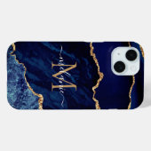 Agate Navy Blauw Goud Jouw naam Letter iPhone Case (Achterkant (horizontaal))