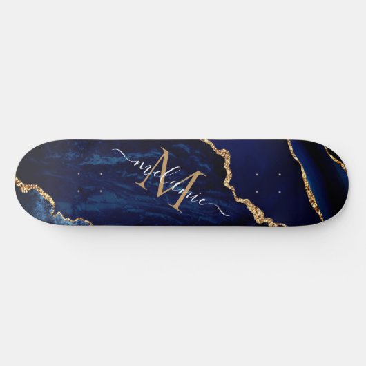 Agate Navy Blauw Goud Jouw naam Letter Skateboard (Horizontaal)