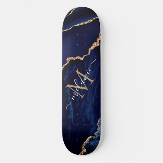 Agate Navy Blauw Goud Jouw naam Letter Skateboard (Voorkant)
