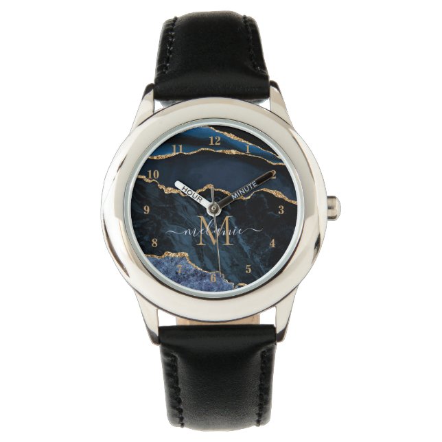 Agate Navy Blauw Goud Marmer Custom Naam Horloge (Voorkant)