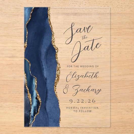Agate Navy Blauw Goud Modern Script Bruiloft Acryl Uitnodigingen (Voorkant)