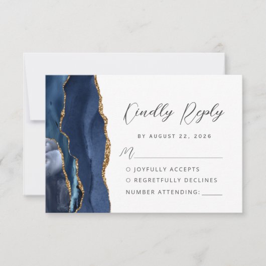 Agate Navy Blauw Goud Modern Script Bruiloft RSVP Kaartje (Voorkant)