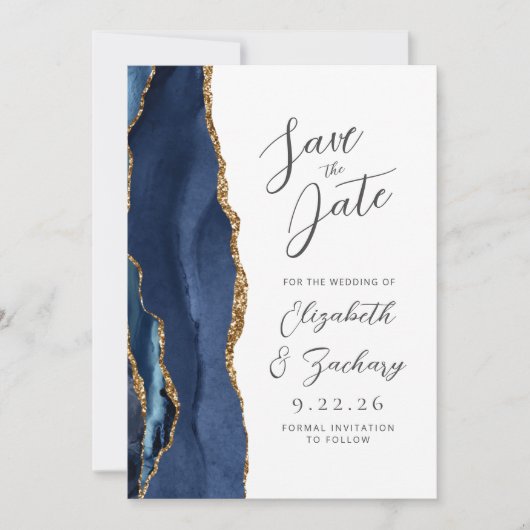 Agate Navy Blauw Goud Modern Script Bruiloft Save The Date (Voorkant)