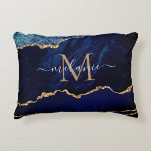 Agate Navy Blauw Goud Naam Letter Accent Kussen