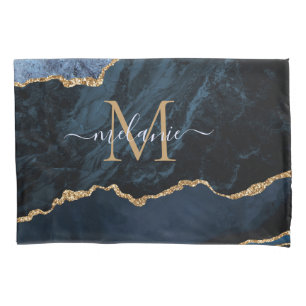 Agate Navy Blauw Goud Naam Letter Kussen Hoesje Kussensloop