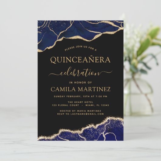 Agate Navy Blauw Quinceañera Goud 15e Verjaardag I Kaart (Staand voorkant)