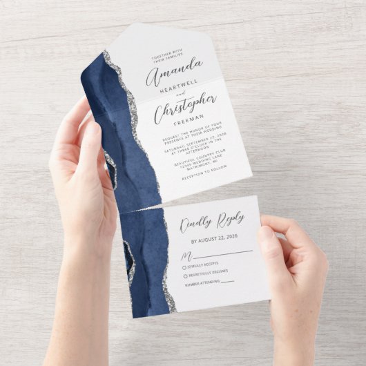 Agate Navy Blauw Zilveren Huwelijk All In One Uitnodiging (Afscheurbaar)