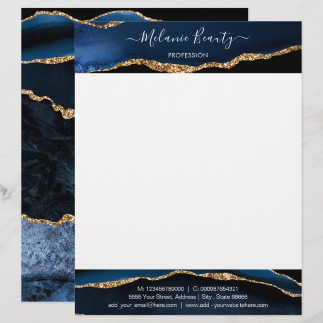 Agate Navy Blauwe Gouden Aangepaste Tekst Briefhoo Briefhoofd (Voorkant / Achterkant)