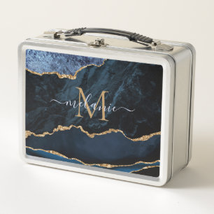 Agate Navy Blauwe Gouden Edelsteen Marmer Monogram