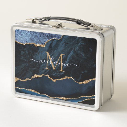 Agate Navy Blauwe Gouden Edelsteen Marmer Monogram (Voorkant)