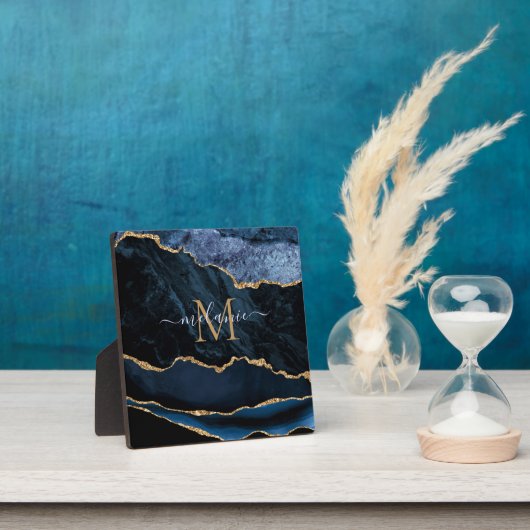 Agate Navy Blauwe Gouden Glitter Geode Monogram Pl Fotoplaat (Insitu)