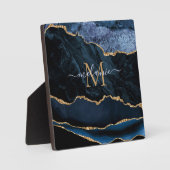 Agate Navy Blauwe Gouden Glitter Geode Monogram Pl Fotoplaat (Voorkant)