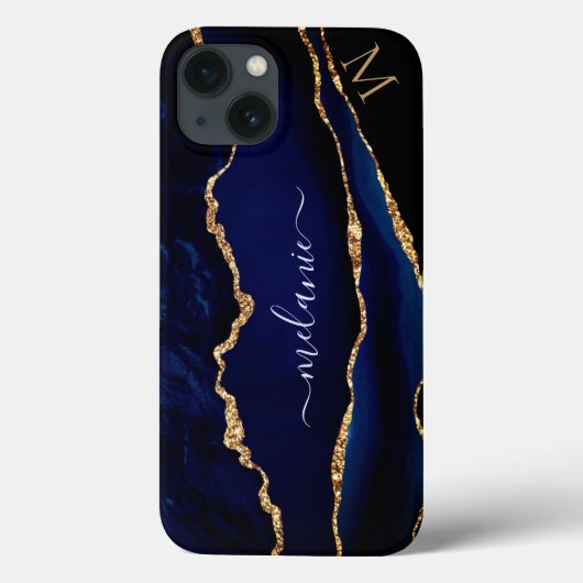 Agate Navy Blauwe Gouden Glitter Monogram iPhone H Case-Mate iPhone Case (Achterkant)