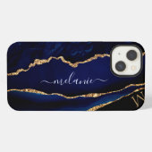 Agate Navy Blauwe Gouden Glitter Monogram iPhone H Hoesje (Achterkant horizontaal)