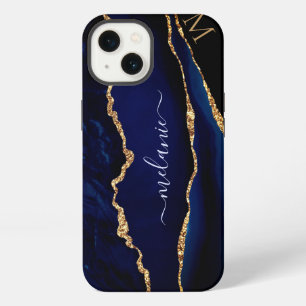 Agate Navy Blauwe Gouden Glitter Monogram iPhone H 13 Hoesje